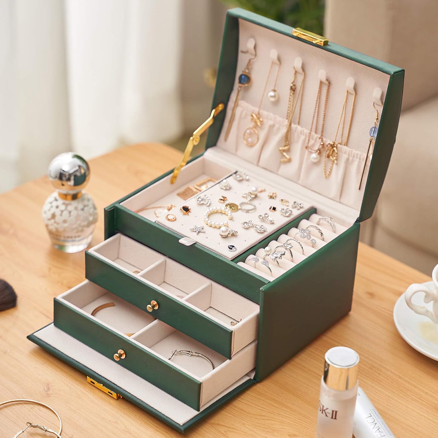 Jewelry Box for Women，jewelry organizer PU Leather 3 Laye with Drawers Large Lockable Display Jewelry Holder，for Earrings Bracelets Rings - Green: Home Improvement