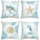 COZZSNUGE Blue Coastal Throw Pillow Covers, Summer Starfish Conch Sea Turtle Seahorse Velvety Decorative Pillowcases for Sofa Bed Home Patio Set of 4, 18 x 18 Inches