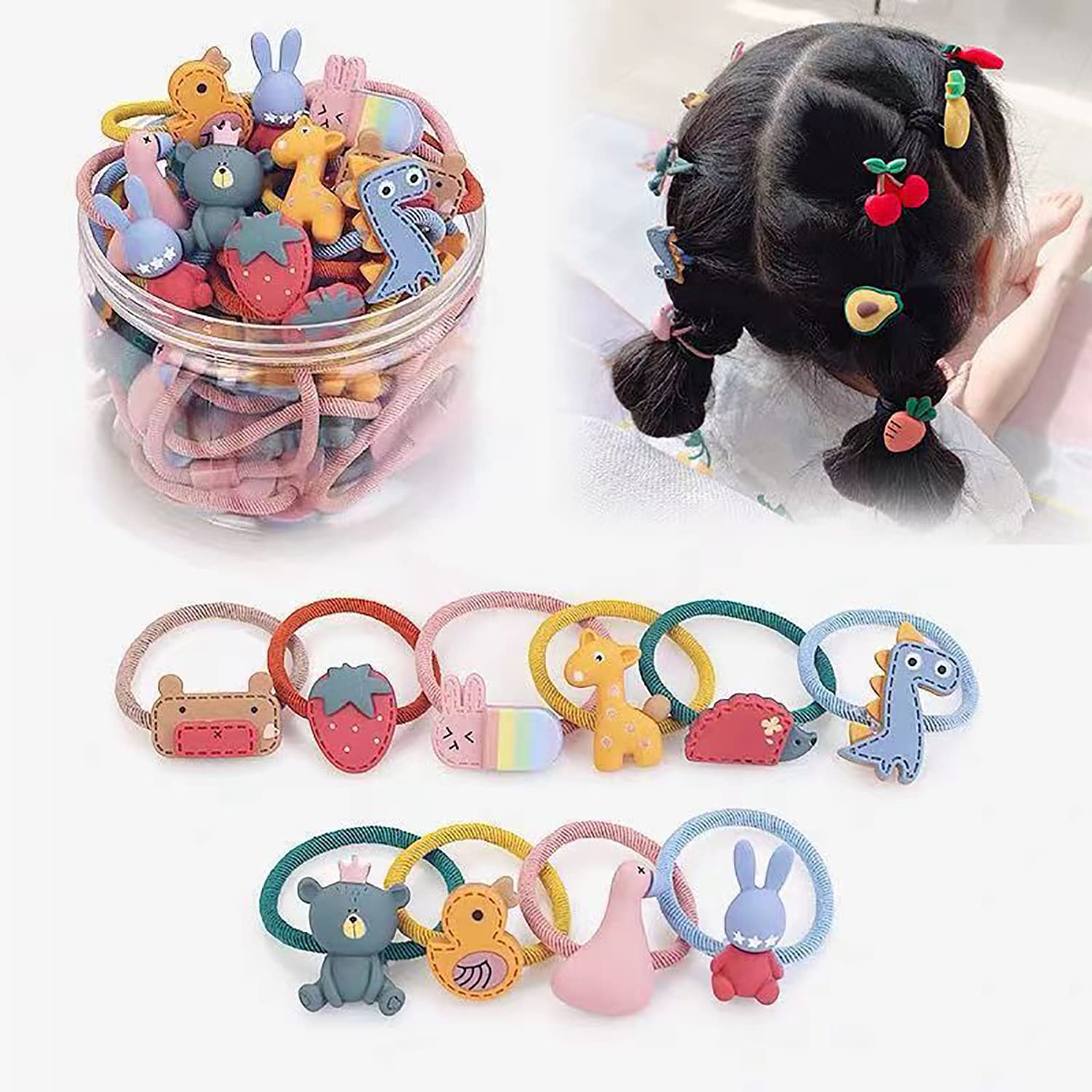 20 Pcs Girls Hair Bands Soft Rubber Bands Baby Cartoon Hair Tie Multicolored Ponytail Holder Hair Elastic Bands Kids Hair Bands for Baby Girls Teens Toddlers