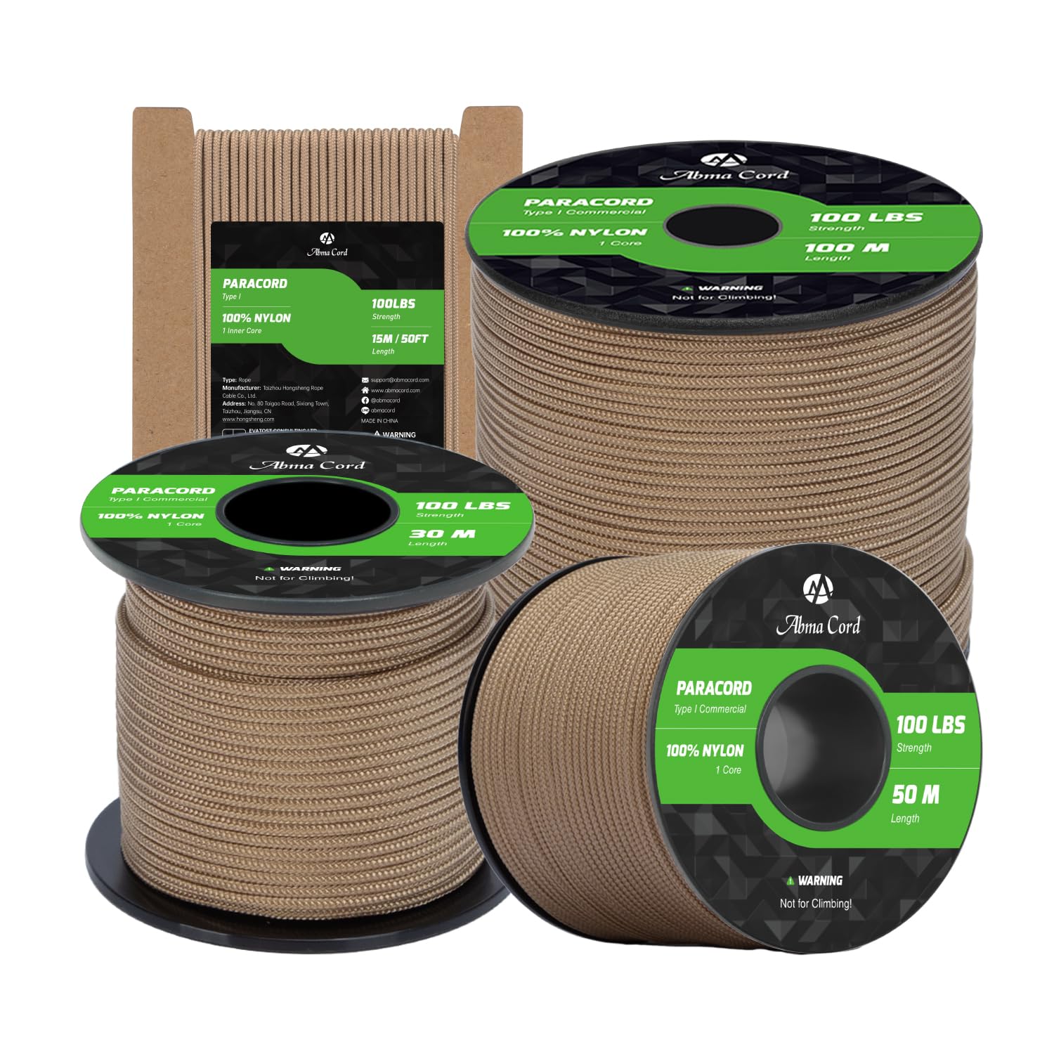 Abma Cord Paracord 2mm 100m 100% Nylon Rope 1 Strand Type I Parachute Cord - Max. 45kg (100lbs) - Tan