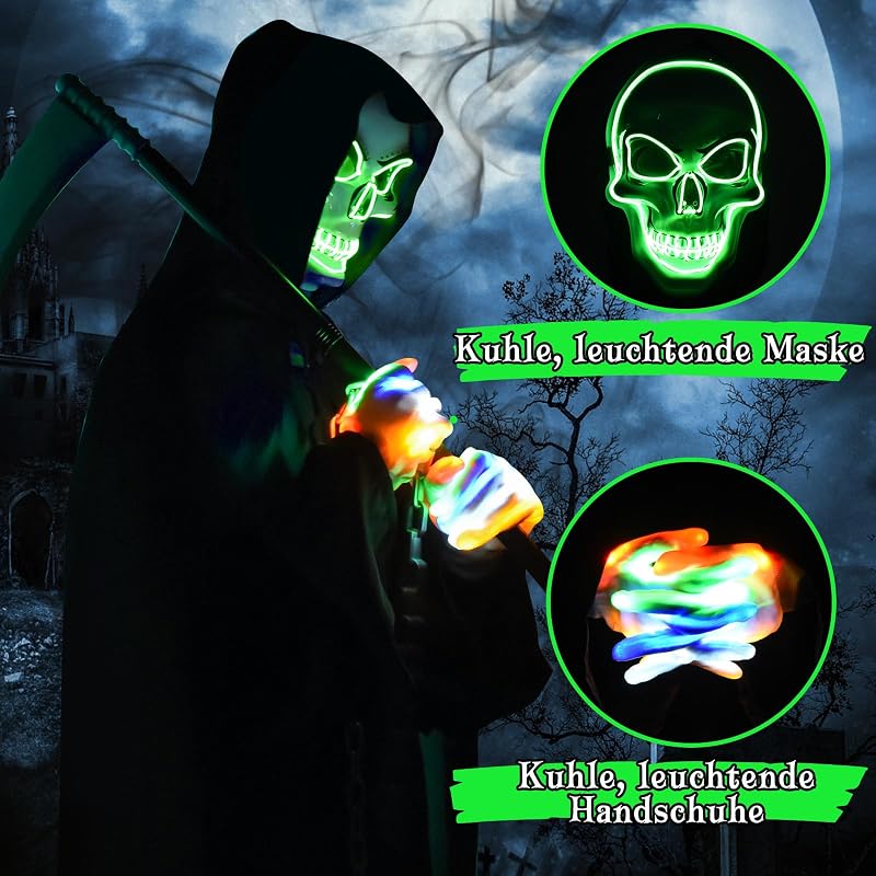 Sensenmann Kostüm, Sensemann Umhang Set mit Sense, Glow Skelett Maske, Glow Handschuhe und Kette, Umhang Schwarz mit Kapuze, Leuchtenden Kostüm Sensenmann Robe für Party Karneval Cosplay — Foto 2 von 6