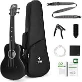 TOM 23 Inch Carbon Fiber Concert Ukulele Beginner Kit (Black) | Ultra-light 1.25 lbs waterproof carbon fiber body, ideal for travel and outdoor play. Full kit with lessons included
