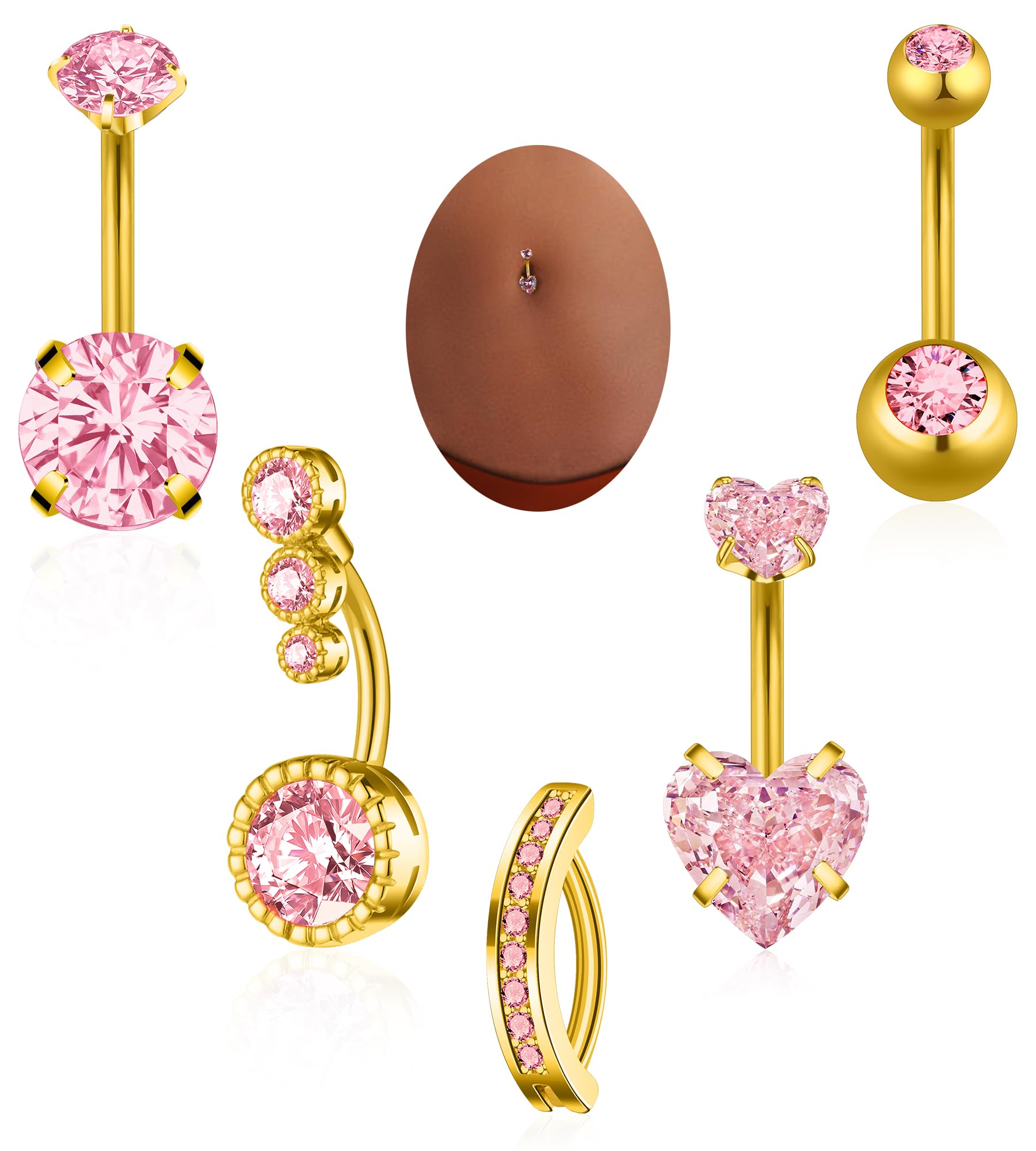 BSJ4U Belly Button Rings Gold Plated Pink CZ Belly
