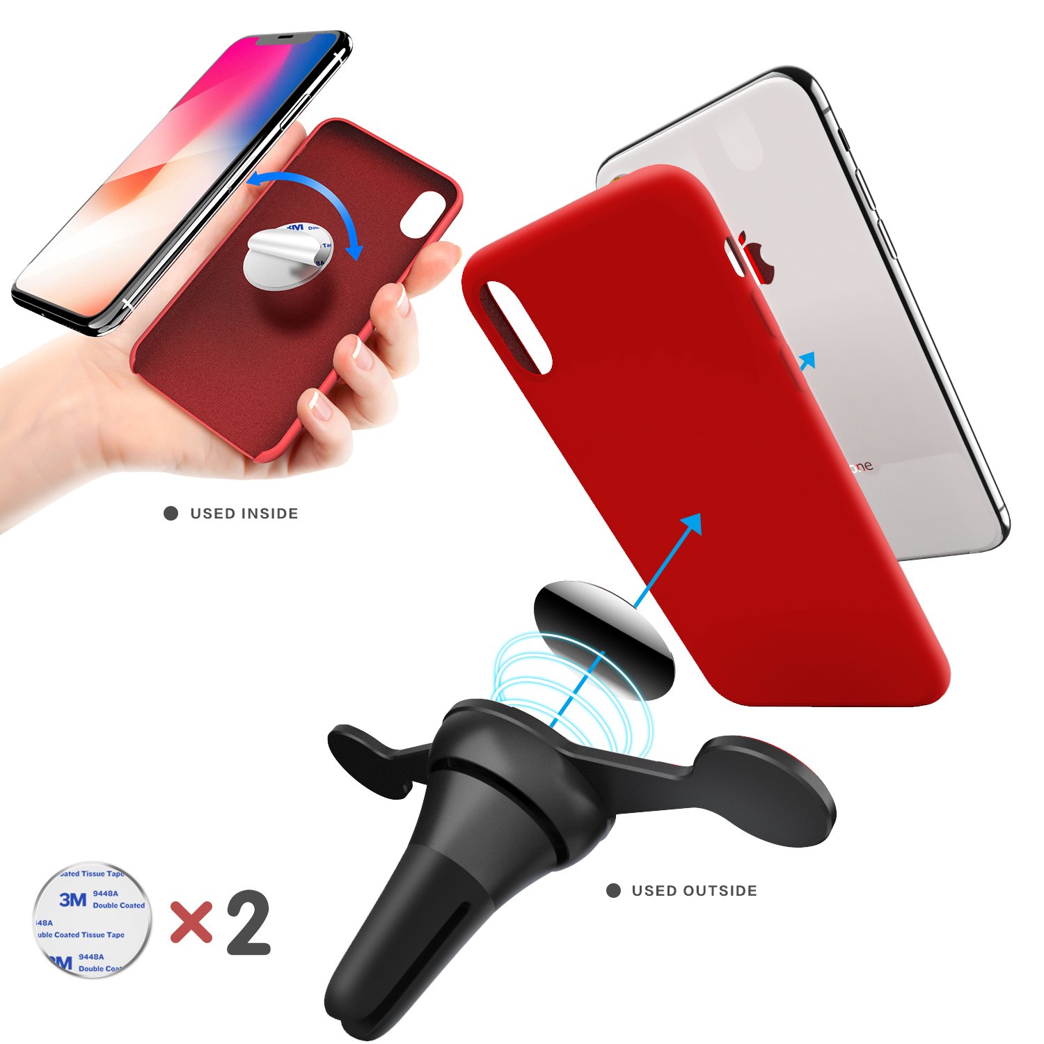 Magnetic Car Mount Holder, MeanLove Universal Air Vent 360°Rotation Magnetic Cell Phone Holder for iPhone X 8 Plus 7 6s 5s 5 SE, Galaxy S8 S7 Edge S6 Edge Note 8 with 2 Metal Plates (Black)