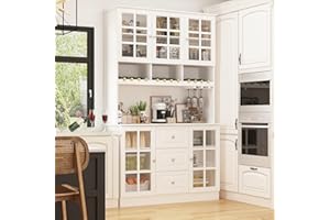 Homsee Modern Kitchen Pantry with Glass Doors, Drawers & Adjustable Shelves, Freestanding Wood Cupboard Storage Cabinet with Cup Holder for Living Room, White (47.2”W x 16.3”D x 78.9”H)