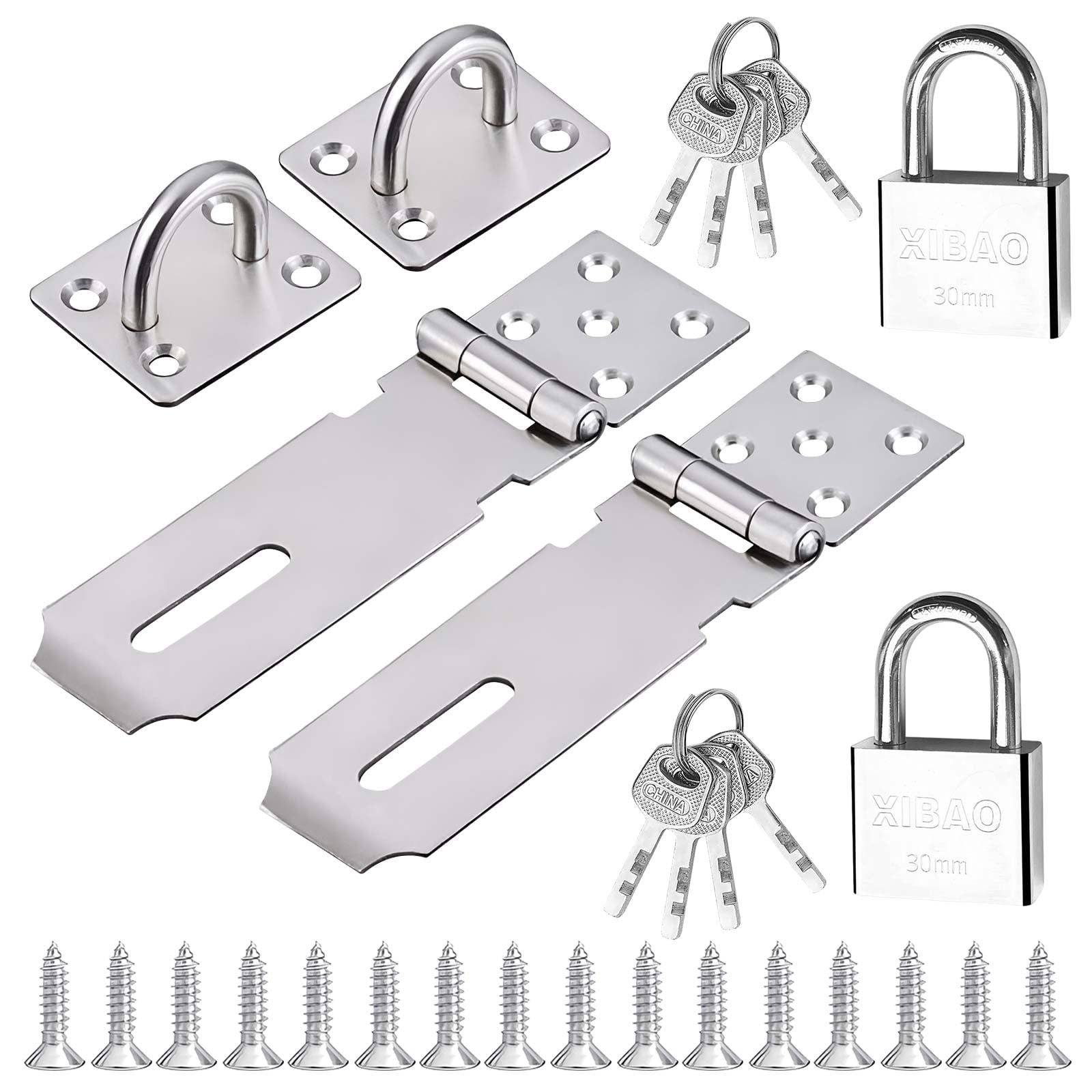 4-Piece Stainless Steel Hasp Lock with Padlock, 30 mm Padlock with 8 Keys, Door Latch with Screws for Cabinets, Drawer and Gate