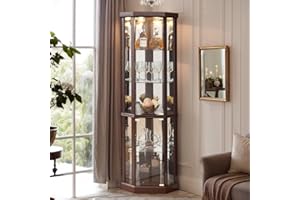 Eyisean 70" H Lighted Corner Curio Cabinet, Glass Display Cage with Tempered Glass Doors and 5 Adjustable Shelves, Wine Cabinet Storage Rack for Bar and Liquor Storage (Dark Cherry)