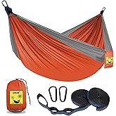 SZHLUX Camping Hammock Double &amp; Single Portable Hammocks with 2 Tree Straps, Great for Hiking,Backpacking,Hunting,Outdoor,Beach,Camping,Orange / Grey