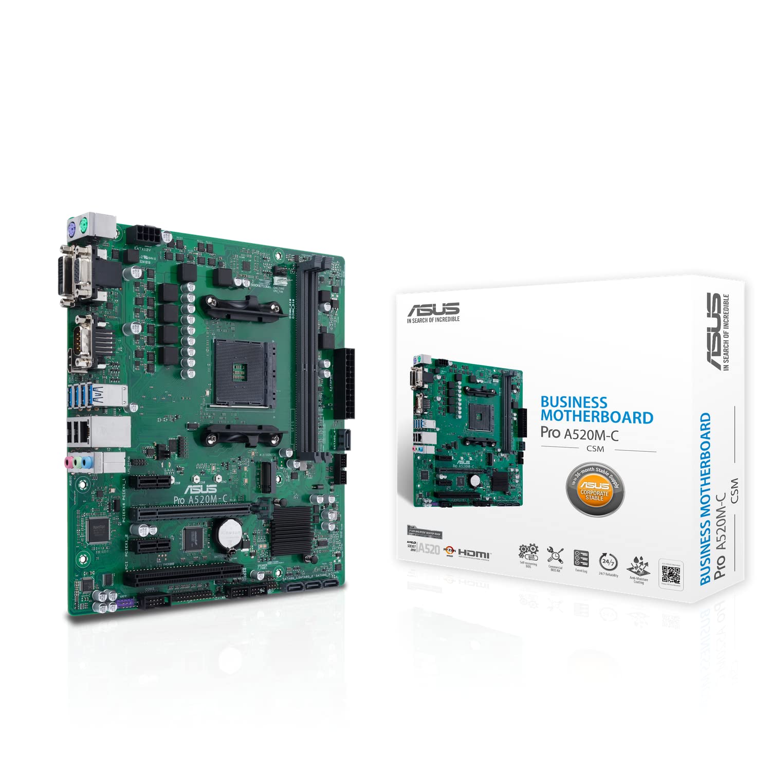 Asustek computer PRO A520M-C - Micro-ATX AMD A520 business motherboard with enhanced security, reliability and manageability