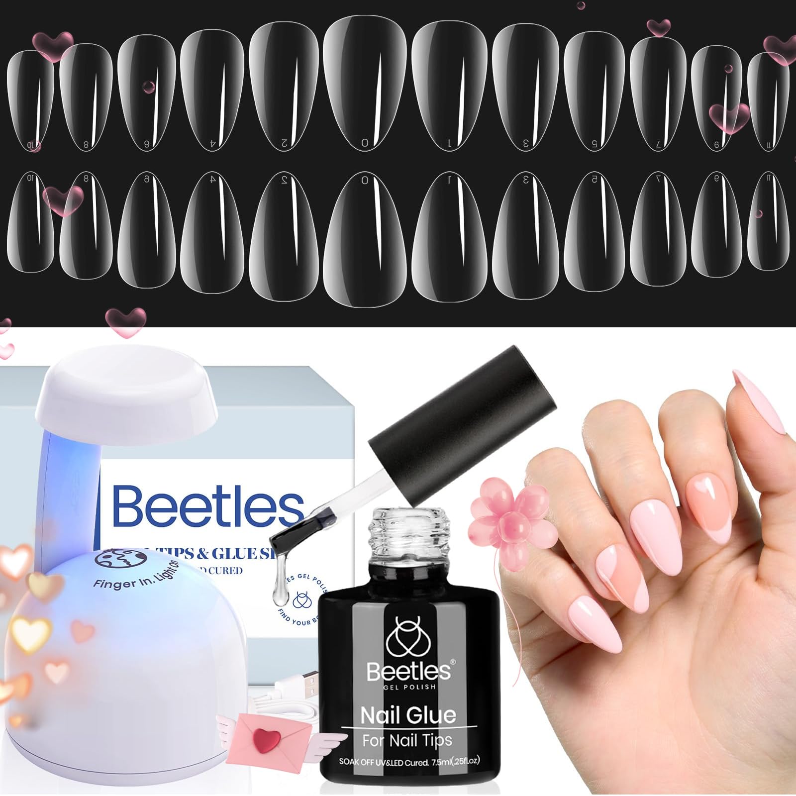 Beetles Gel Nail Kit Almond-500Pcs Gel Nail Kit Easy Nail Extension Set Short Almond Shape 5 In 1 Nail Glue Gel Extension Nail Kit Uv Led Lamp Acrylic False Nail Tips Kit DIY Nails Art Gifts for Women - Image 8