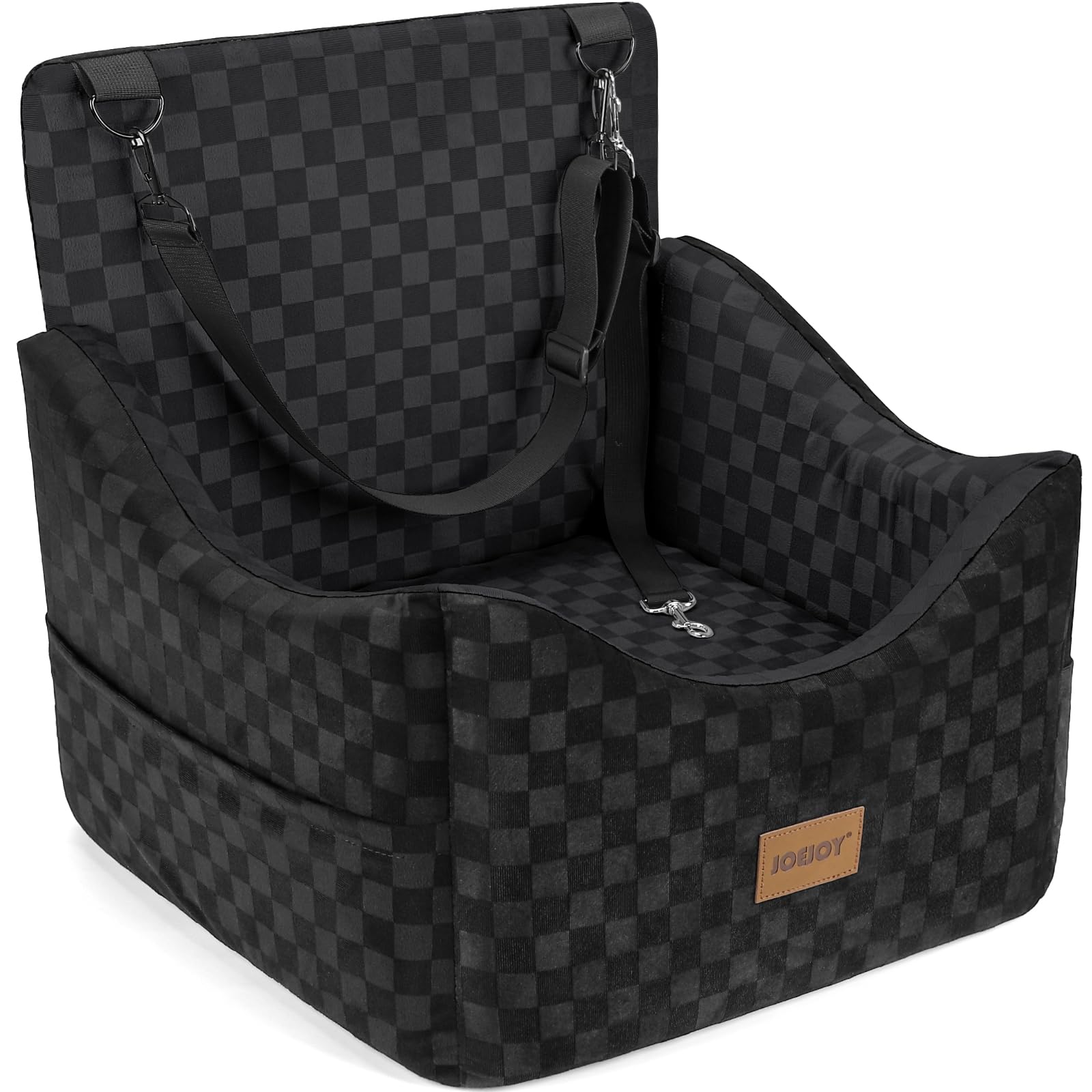JOEJOY Elevated Dog Car Seat for Small/Medium Dogs up to 35 lbs, Memory Foam Booster Seat with Detachable Washable Cover, Travel-Safe Car Bed with Safety Belts & Storage Pockets, Black Image