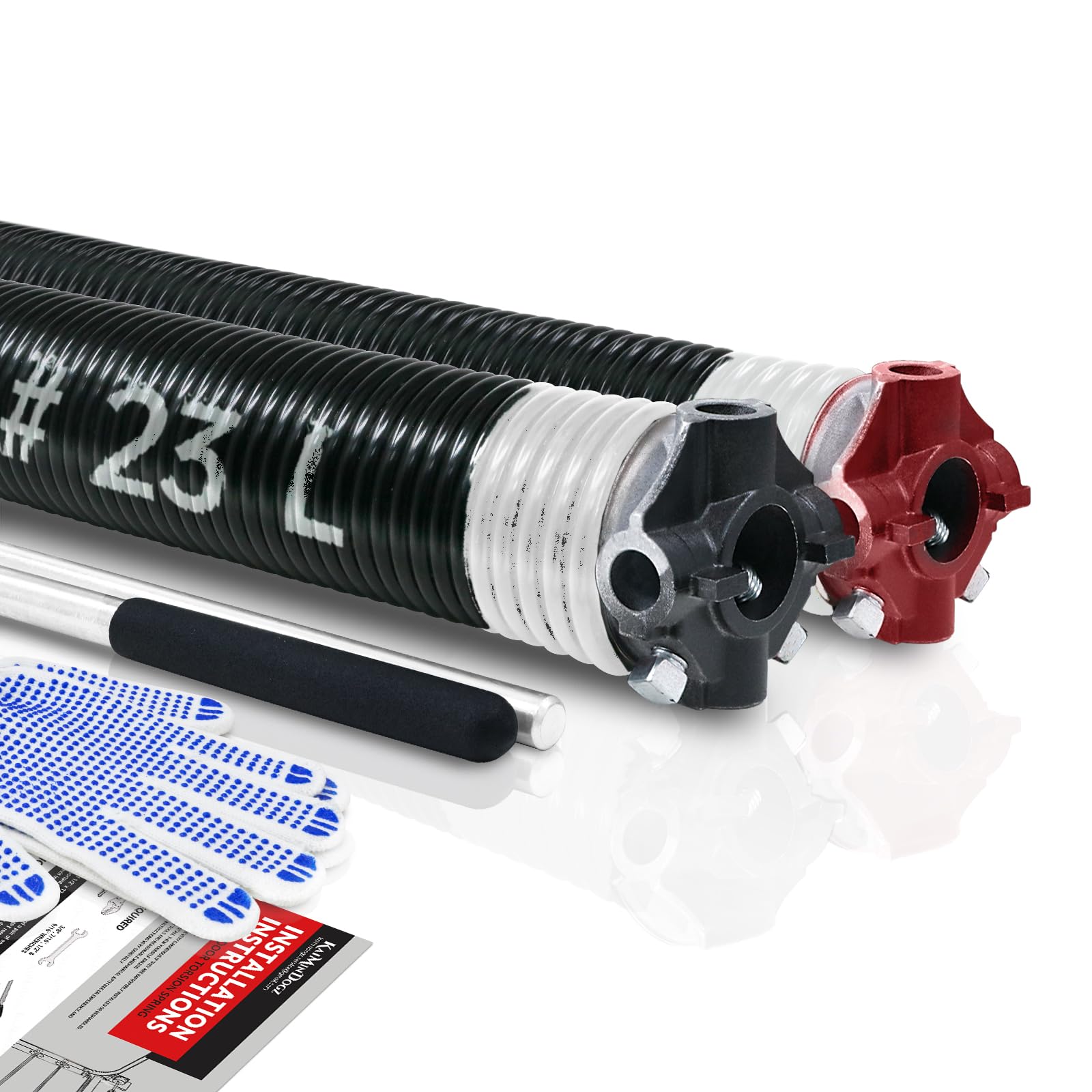 KaiMinDogz Pair of 2" Garage Door Torsion Springs Set with Non-Slip Winding Bar & Gloves,High Precision Electrophoresis Black Coated, for Replacement & Installation, MIN 16,000 Cycles (0.218x2''x23'') Image