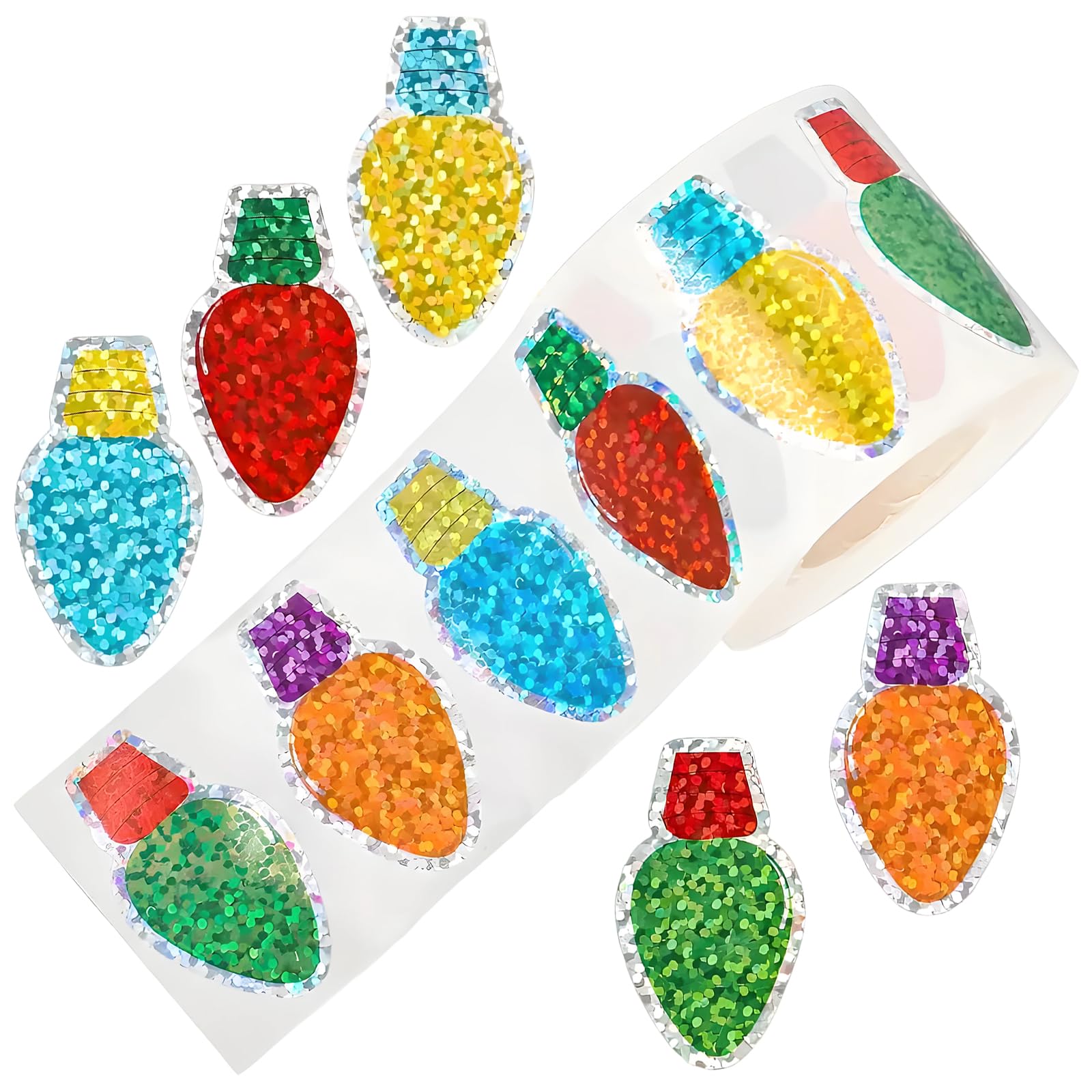 500Pcs Christmas Light Stickers, Lights Bulb Seal Stickers Colorful Xmas Decal Waterproof Self-Adhesive Decoration Roll for Envelope Crafts Journal Party Supplies