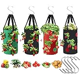 4 Pcs Hanging Strawberry Planter Bags 3 Gallon Upside Down Strawberry Planter and 4 Hooks, Sturdy Hanging Handle Thickened Breathable Felt Cloth for Herb Tomato Hot Peppers Vegetables (4Pcs 3Gal)