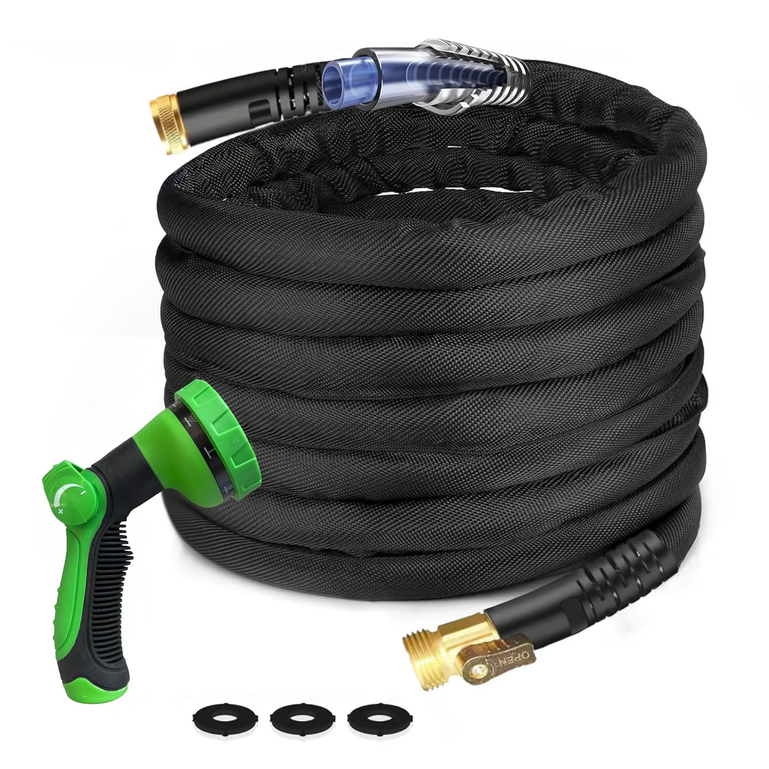 Photo 1 of 100Ft Non-Expandable Garden Hose, Flexible Water Hose with 10-Pattern Spray Nozzle, Lightweight Hose Pipe, Kink-Free, Leak-Proof, 3/4" Solid Metal Fittings (Black)