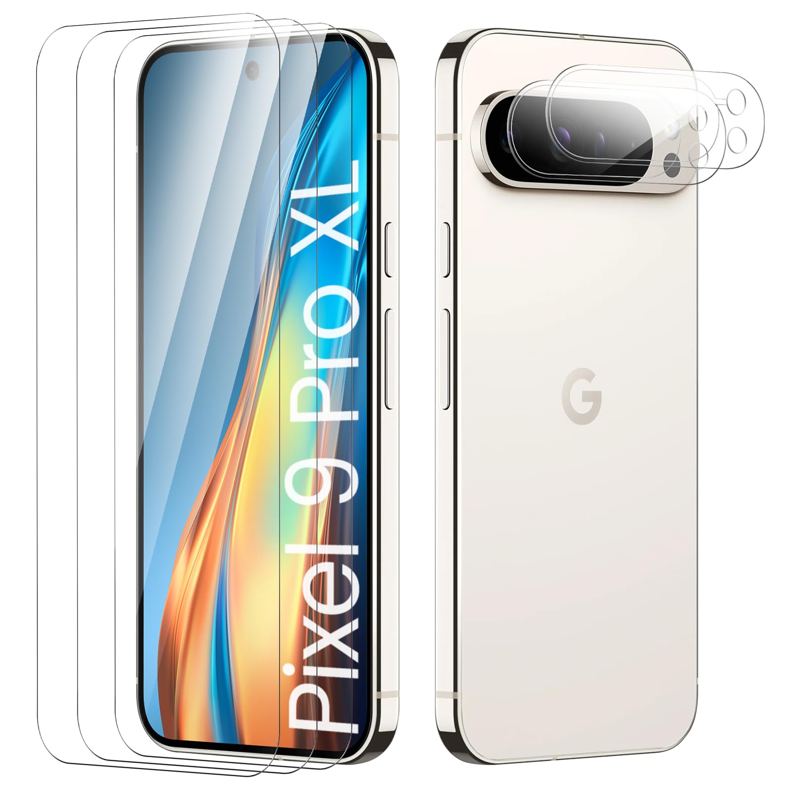 TECHO Tempered Glass Screen Protector for Google Pixel 9 Pro XL, 3 Pack + 2 Pack Camera Lens Protector, [9H Hardness][HD Clear][Anti-Scratch]