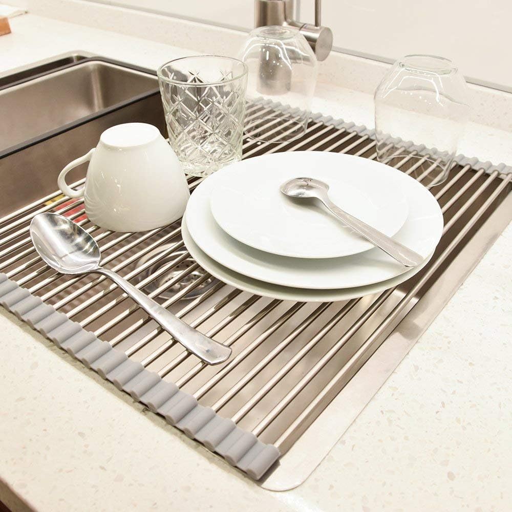 Dish Drying Rack, loiZau Roll Up Dish Racks Multipurpose Foldable Stainless Steel Over Sink Kitchen Drainer Rack for Cups Fruits Vegetables