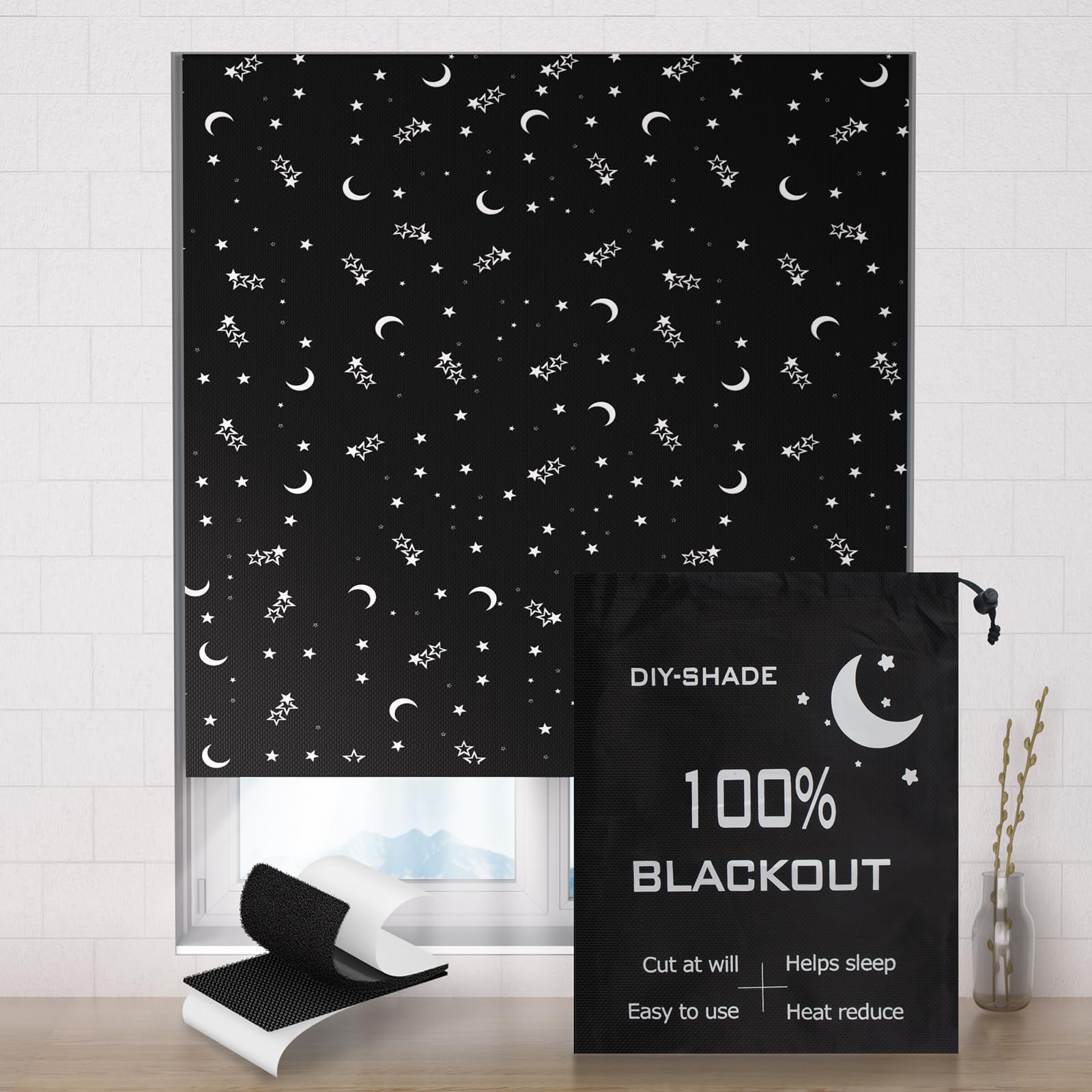 Valquid Blackout Blind, 200×145cm Temporary Blackout Blinds Stick on Window, Portable Blackout Blind with 10 Pairs Velcro – Blackout Curtains for Bedroom, Cut to Any Size or Shape