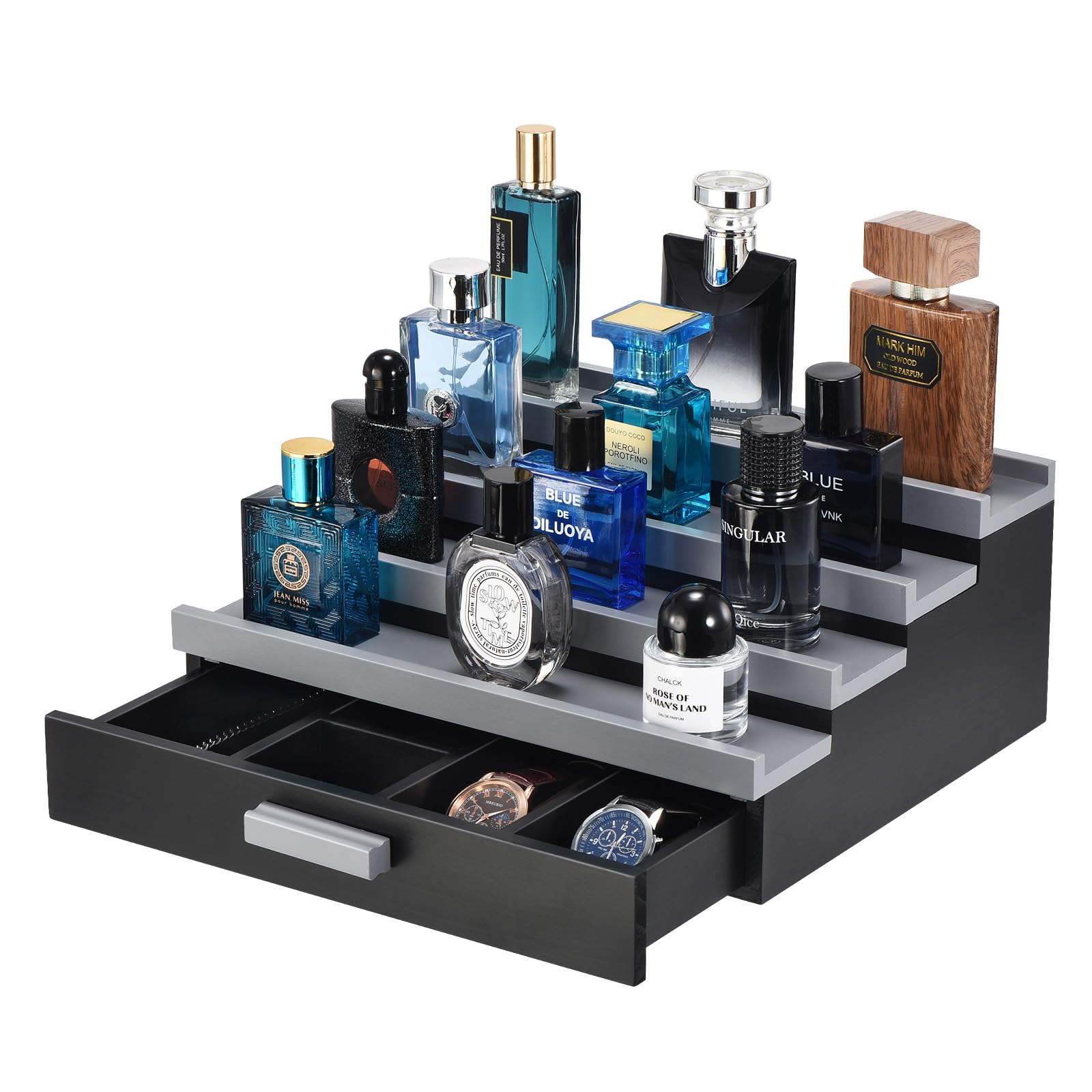 Photo 1 of GLOKUUCA Perfume Organizer for Men, 4 Tier Wood Perfume Display Stand with Velvet Lining Drawer and Hidden Compartment for Watch,Jewelry,Perfume Display Risers,A Gift for Men (Black+Gray)