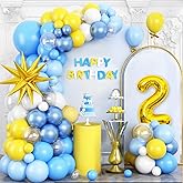 Yellow Blue 2rd Birthday Balloons Arch, Baby Blue Clear White Balloons Garland Kit, Gold 4D Foil Star with Number 2 Balloon Tower Star Foil Balloon for 2 Year Old Kids Birthday Party Decorations