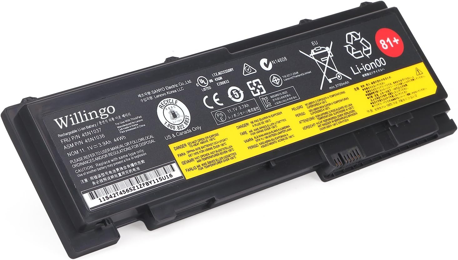 Willingo Replacement Notebook Battery for Lenovo 45N1036 45N1037 45N1038 45N1039 45N1064 45N1065 THINKPAD T420S-4175 T420S-4176 Lenovo 0A36309 ThinkPad Battery 81+[11.1V 3900mah 44Wh] #T430S Black