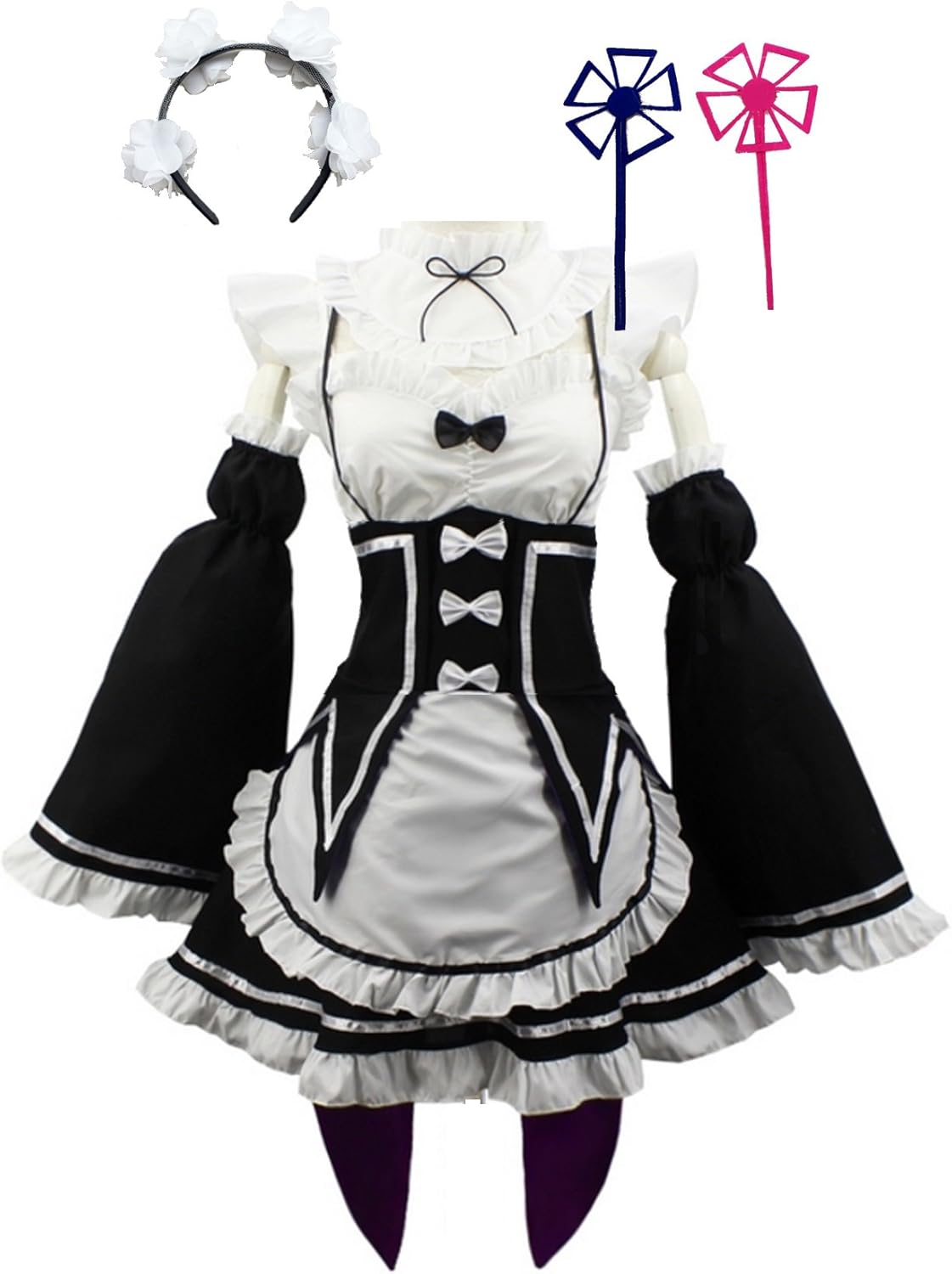 HalloweenCostumeParty Re:Zero Rem Ram Women Anime Cosplay Lolita Maid Dress with Headband Black White