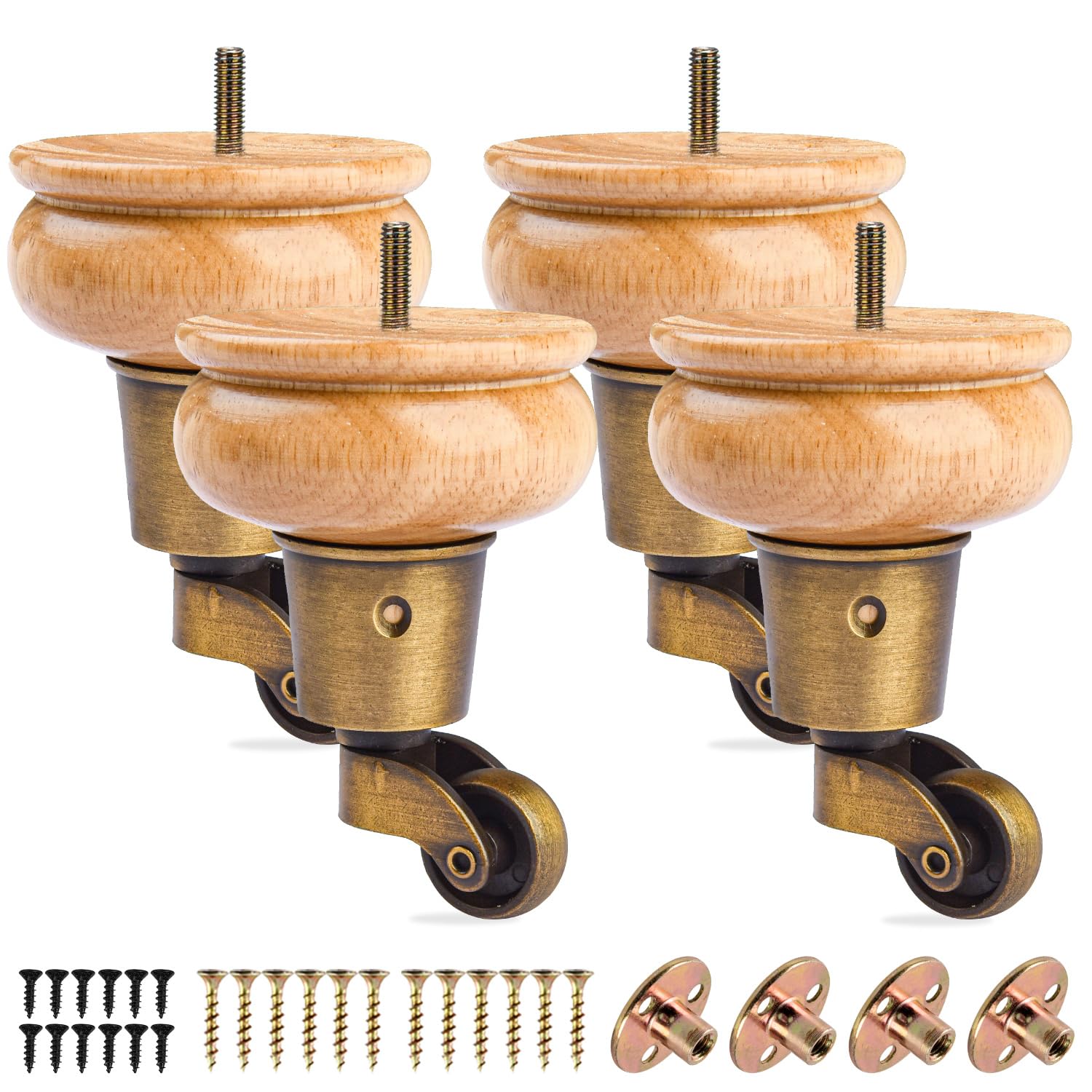 4 Inch /10cm Furniture Legs with Castors, 4Pcs Vranish Solid Wood Feet Round Gourd Wooden Turned Replacement Feet with Threaded M8 Hanger Bolts & Mounting Plate & Screws For Chair,Recliner,Ottoman,