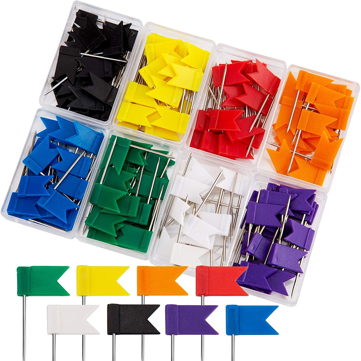 AIEX 160 Pcs Colored Flag Push Pins Travel Map Tacks Marking Pins, 8 Assorted Colors Map Thumb Tacks Plastic Head with Steel Point for Cork Bulletin Board(35mm) at Home Office and School