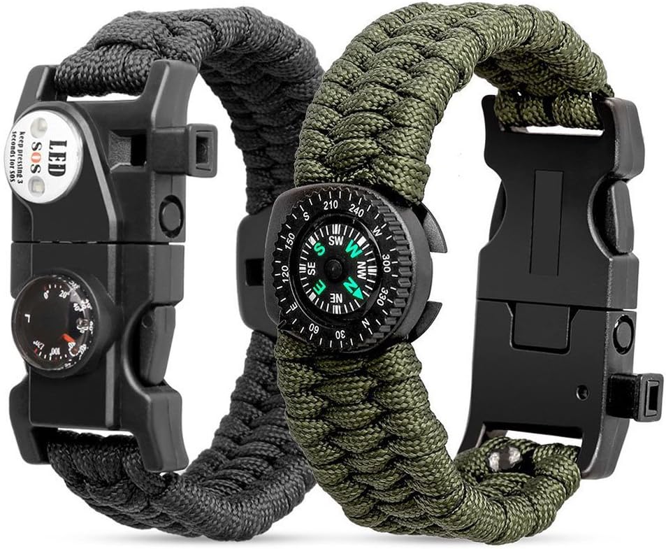 Survival Bracelet Kit Adjustable Paracord Bracelets Compass Whistle Flint Fire Starter SOS LED Light Mini Survival Kit Ideal Wilderness Tool for Men Women Camping Hiking Emergency Gear