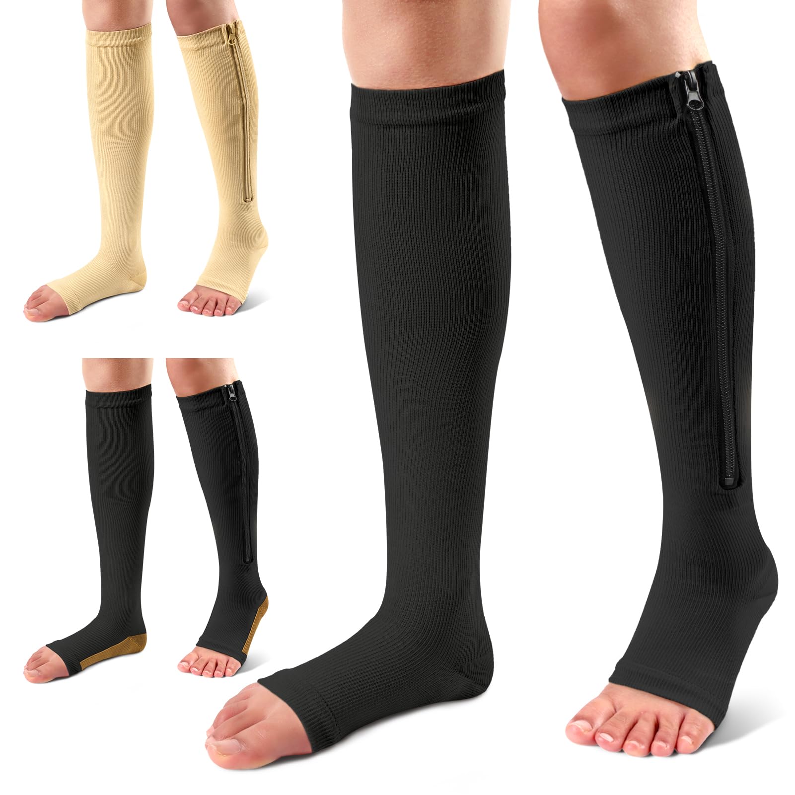 Ailaka 3 Pairs Compression Socks with Zipper, 15-20 mmHg Medical Knee High Compression Socks for Men Women, Mix Color Support Socks for Varicose Veins, Edema, Recovery