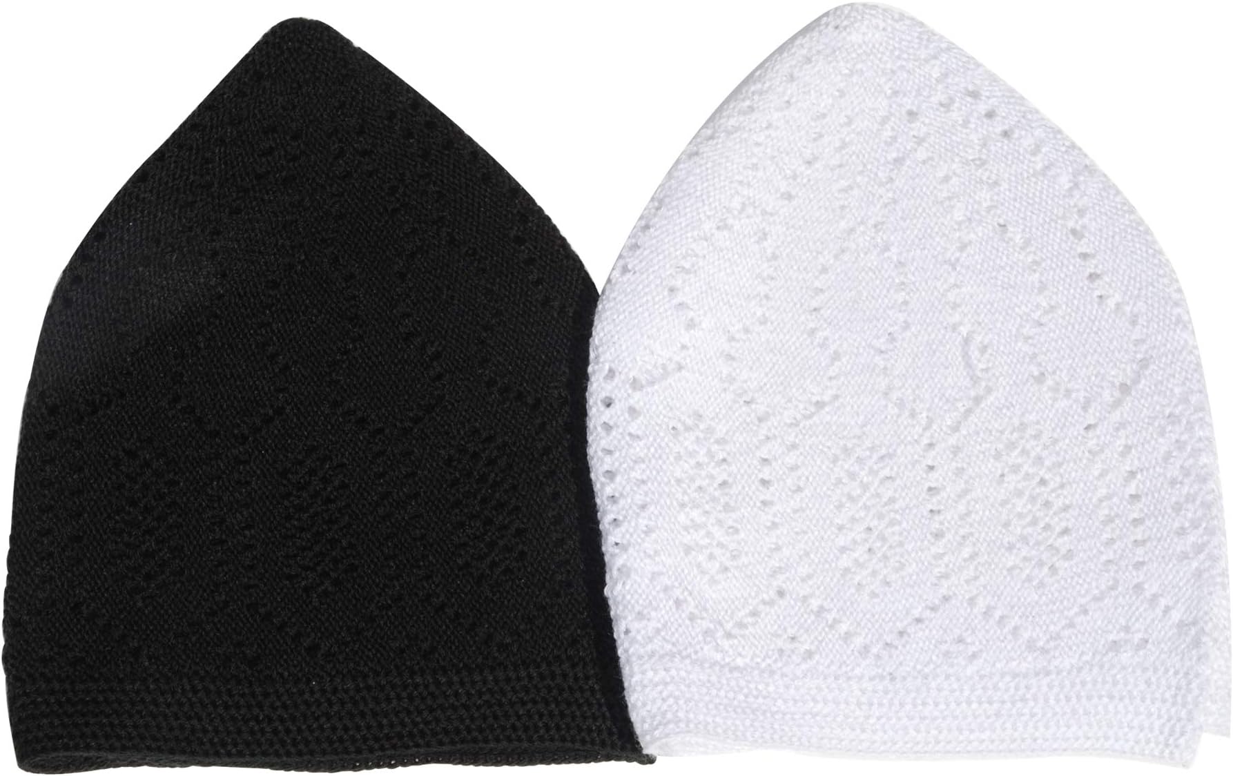 Set of 2 - Black & White Plain Cotton Open-Knit Turkish Muslim Kufi Hats