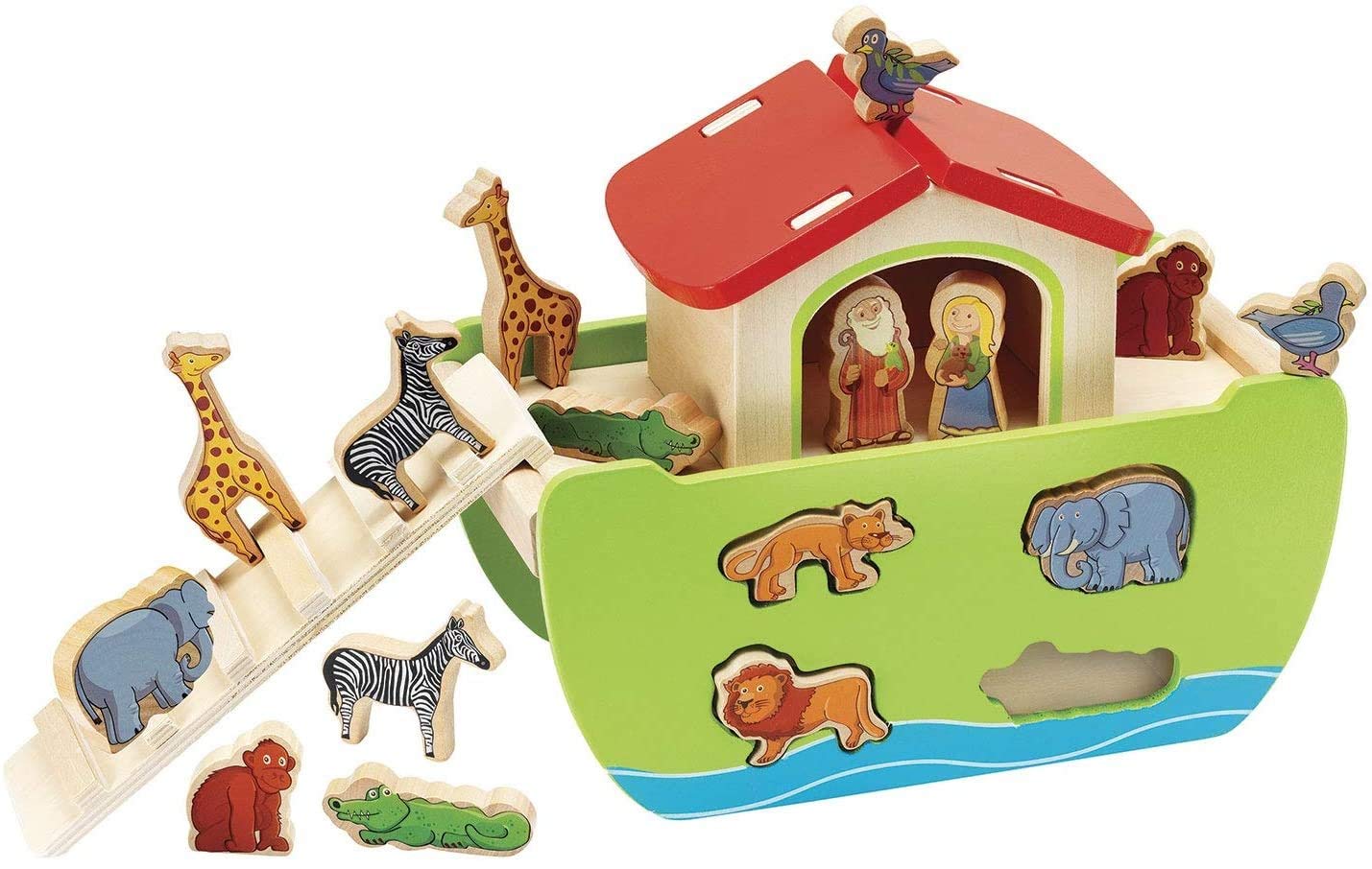 Eichhorn Wooden Noah's Ark Multi-Colour Shape Sorter Toy with 16 Colourful Animal Shapes & 2 Human Figures | Ages 1 plus, Multicolour, 100002084