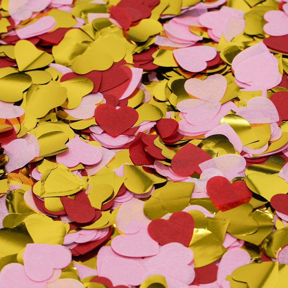 2.5cm Heart Shaped Paper and Foil Confetti Love Mix Tissue Confetti 6000pcs for Valenines Weddings Parties Balloon Table Decoration (Red, Pink, Gold)