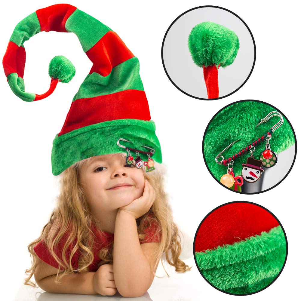 BigOtters Christmas Elf Hat, Long Striped Felt Hat with Cute Brooch Pin for Kids Adults