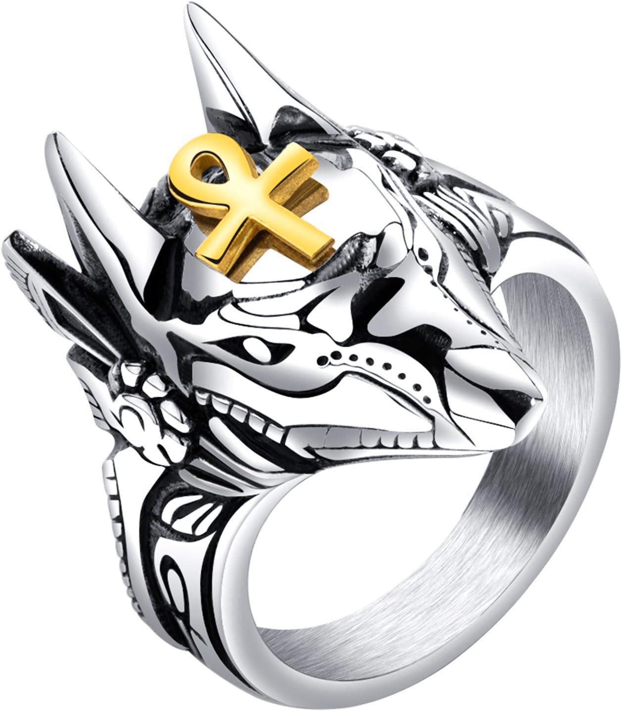 ALEXTINA Men's Stainless Steel Ancient Egyptian Ankh Cross Anubis Ring Wolf Statement Band