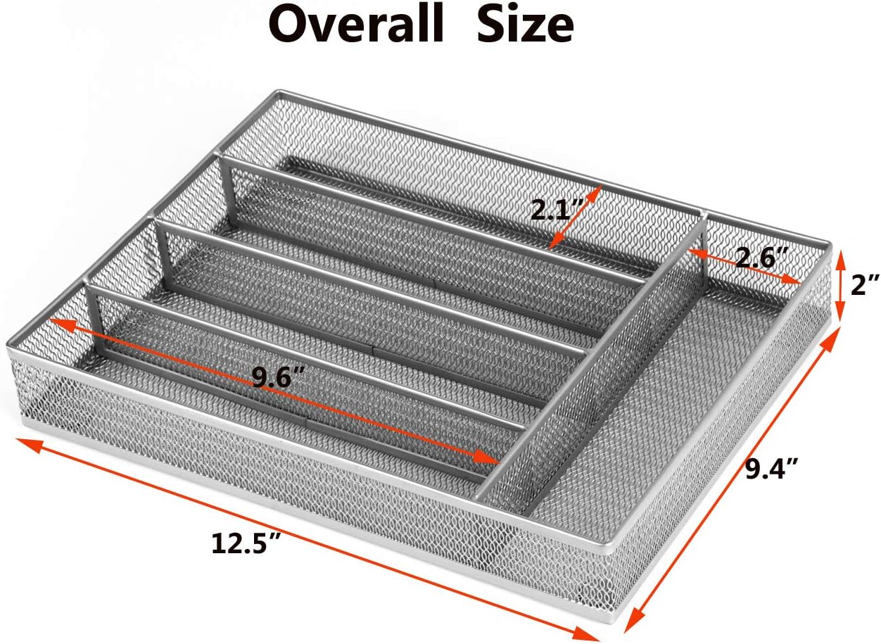 Flatware Tray Utensil Drawer Organizer Kitchen Utensil Cutlery Tray Mesh Designing with Foam Feet Multi Compartments Keep Desk Drawer and Office Supplies Well Organized (Silver): Kitchen & Dining