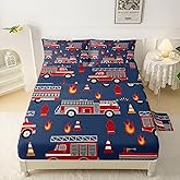 QOOMO Fire Truck Sheet Set,Cars Kids Bed Sheets,Truck 16" Deep Pocket Bed Sheet Set for Boys/Girls/Kids/Teens，4 Piece Sheet Set, 1 Fitted Sheet,1 Flat Sheet and 2 Pillowcases，Full Size
