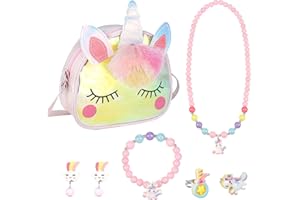 FANKUTOYS 7 PCS Kids Jewelry Little Girls Handbag Unicorn Necklace Bracelet Earrings Ring Hair Clips Set, Unicorn Purse Jewel