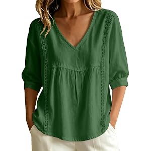 Fall Tops for Women Lace Patchwork V-Neck Casual 3/4 Sleeve Shirt Pleated Front Loose Fit Lightweight Pullover Top