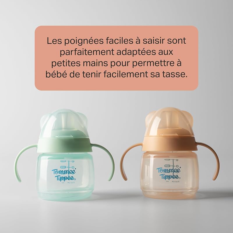 tasse à bec de transition, 150ml, anti-fuite pour nourrissons à partir de 4 mois, dotée d’un bec à sensation naturelle, résistant aux mordillements, Vert et Orange, x 2