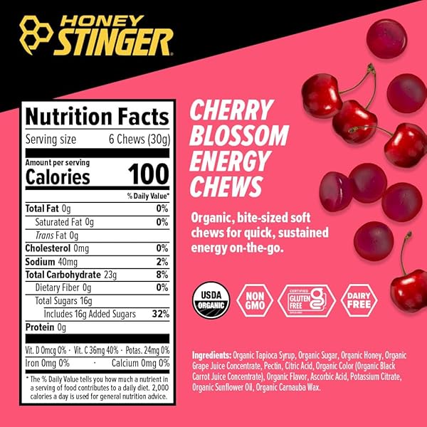 HONEY STINGER ORGANIC CHERRY BLOSSOM ENERGY CHEW, GLUTEN FREE & CAFFEINE FREE, FOR EXERCISE, RUNNING AND PERFORMANCE, SPORTS NUTRITION FOR HOME & GYM, PRE AND MID WORKOUT, 21.6 OUNCES (PACK OF 12)