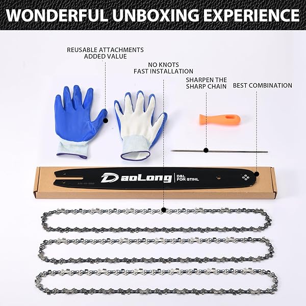 16 INCH CHAINSAW BAR & CHAIN COMBO – 3/8″LP PITCH .043″ GAUGE 55 DRIVE LINKS FITS MS170/MS180C/STIHL MS170 BAR/16 CHAINSAW CHAIN – COMPLETE SAW CHAIN KIT(3 CHAINS + 1 BAR + 1 FILE + 1 GLOVES)