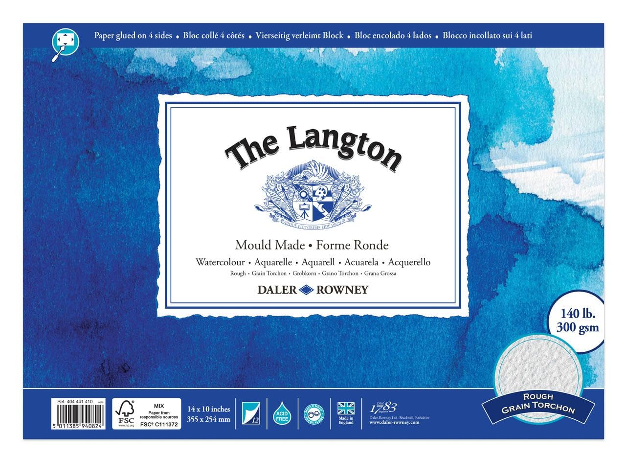 Daler-Rowney The Langton Watercolour Paper, Rough, 300 gsm, 140lb, Pad, Glued 4 Sides, 14 x 10in - 35.6 x 25.4 cm, Natural White, 12 Sheets