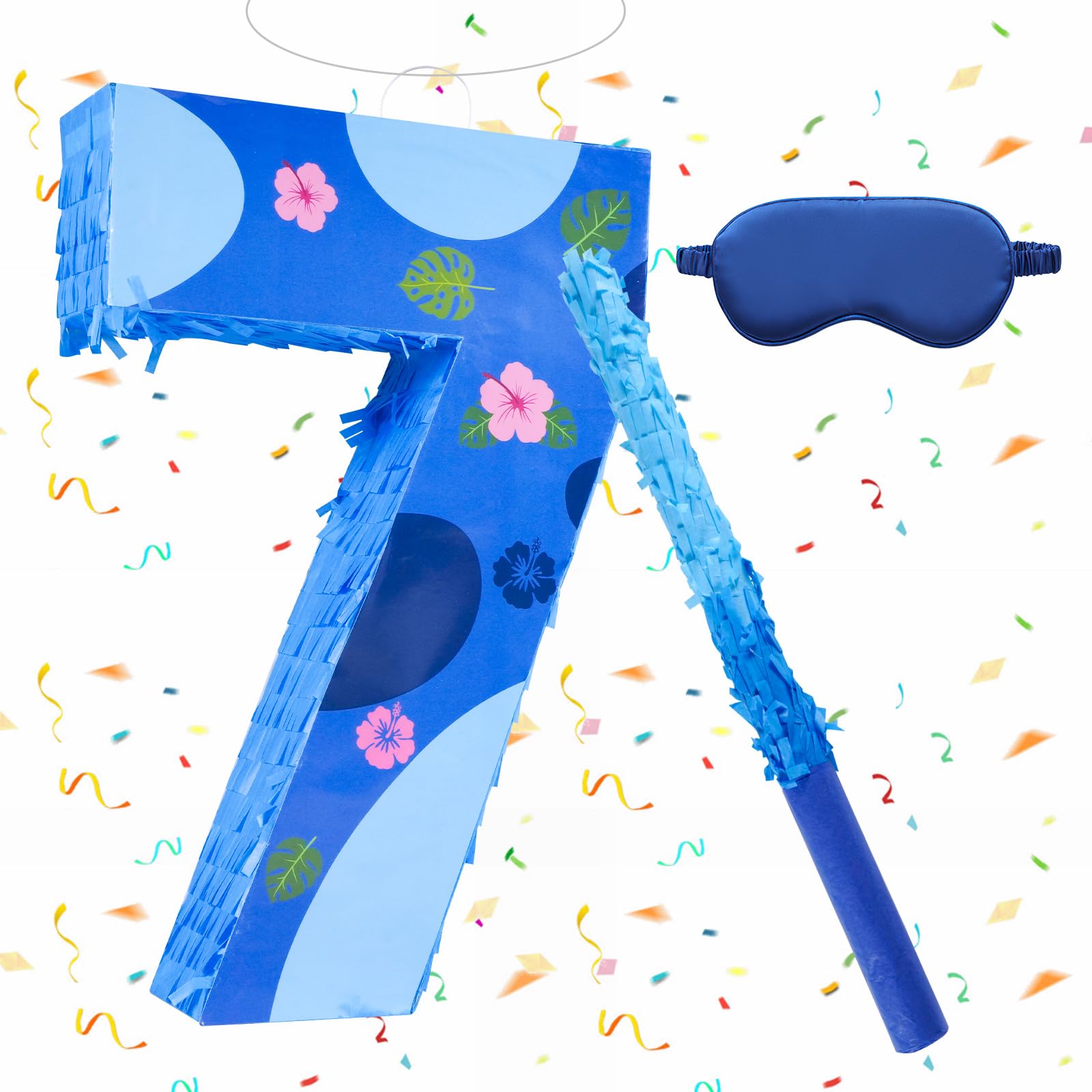 Photo 1 of 16 Inch Blue Pinata Set with Hawaii Pattern Number 7 Piñata, Blindfold and Stick for Boys Girls 7th Birthday Party Decorations (7-Hawaii Pattern Piñata)