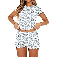 LEEDYA Women's Pajamas Cute 2-Piece Y2K Pajama Set Short Sleeve Crop Top PJ Sets Shorts Spring Summer Sleepwear