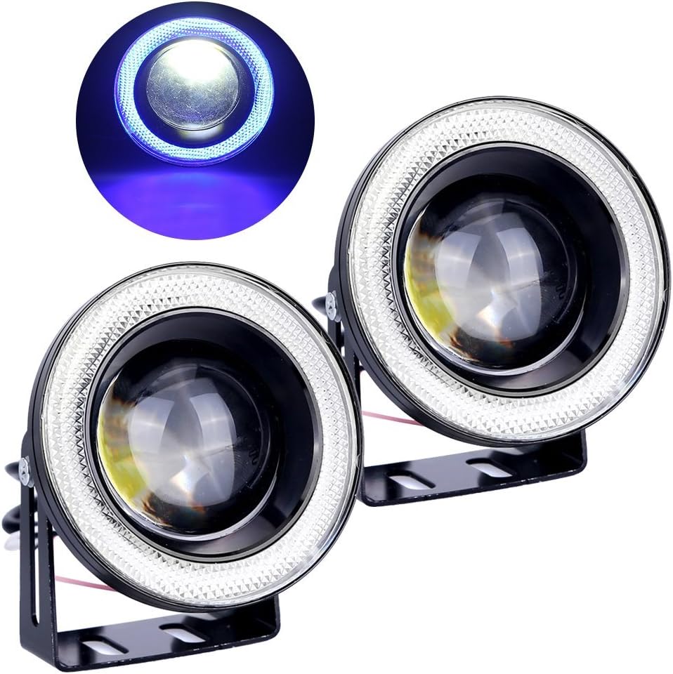 FISHBERG 2PCS Waterproof Projector LED Fog Light With Lens Halo Angel Eyes Rings COB 30W Xenon White Blue 12V SUV ATV Off Road Fog Lamp (3.5'', Fog Lights w/Blue Halo)