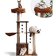 FUKUMARU Cat Tree, 4 in 1 Large Modern Cats Tower with Jute Scratching Post and Hammock, Wood Cat Condo with silvervine Balls, Brown Cat Climber Stand Playhouse for Indoor Cats, Retro Style