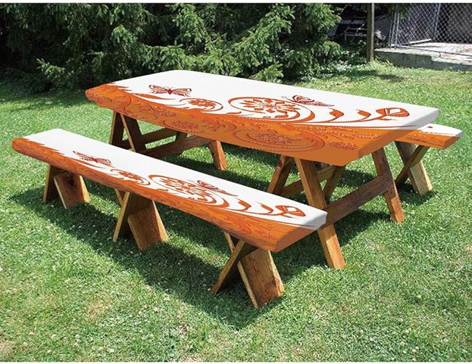 72" Polyester Picnic Table and Bench Fitted Tablecloth,Artistic Rose Branch Motif