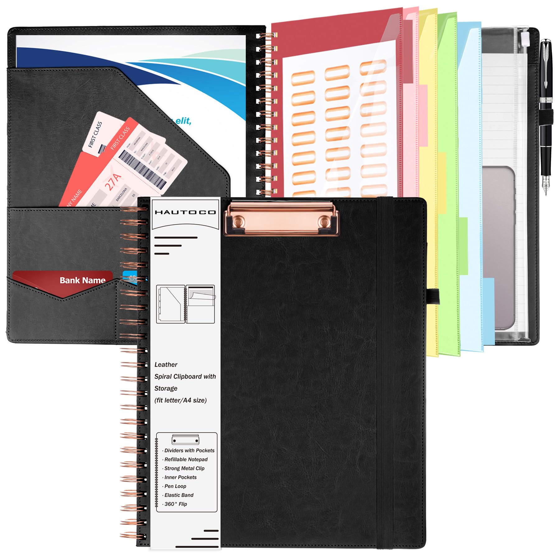 HAUTOCO Clipboard Folder with Storage Zip Bag, Spiral Clipboard Folio with Refillable Lined Notepad, 5 Folders Dividers with 10 Pockets, Leather Clip Board Portfolio Folder for Office School, Black