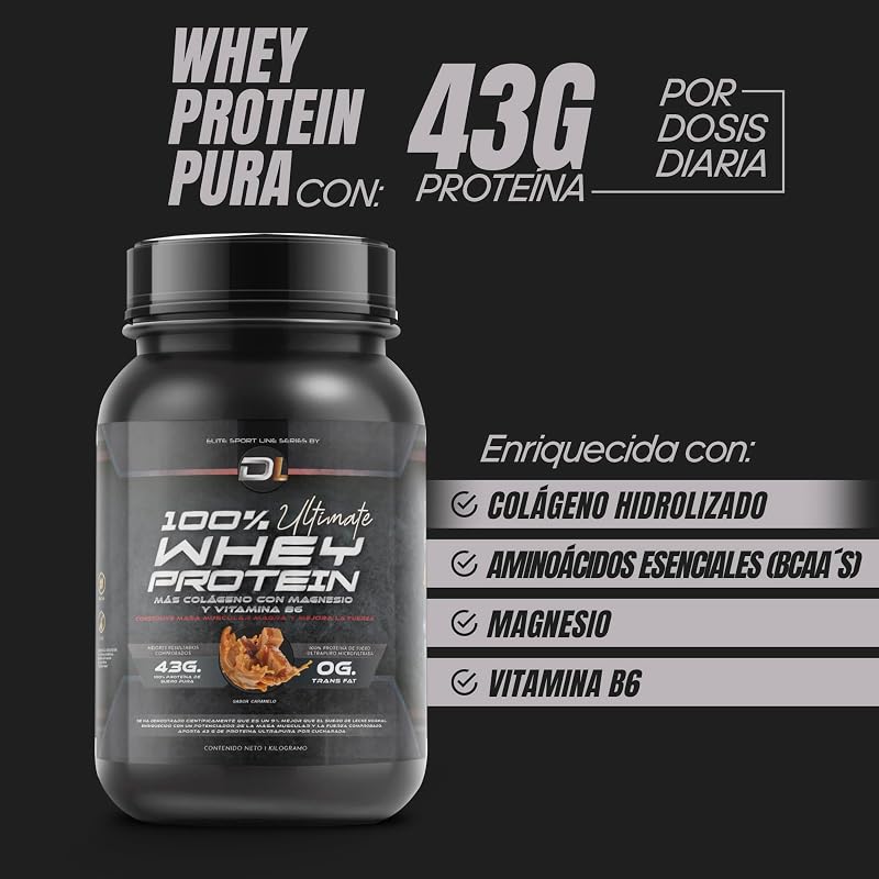 Proteína de Soro | Pó de Proteína com Colagénio, Magnésio e Aminoácidos | Aumenta a massa muscular | Apoia o desenvolvimento e recuperação muscular | Proteína fácil de digerir | Sabor Caramelo 1kg